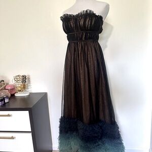 Anthropologie Black Sheer Blue Ruffle Black Tie Tulle strapless Formal dress